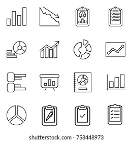 Thin line icon set : graph, crisis, report, clipboard, diagram, circle, statistics, presentation, annual, pen, check, list