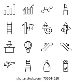 Thin line icon set : graph, diagram, lipstick, stairs, tower crane, trip, route, package, air ballon, escalator, departure, cleanser, please clean