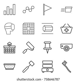 Thin line icon set : graph, flag, delivery, virtual mask, cpu, nano tube, add to basket, university, repair, pin, surveillance camera, colander, meat hammer, double boiler, tooth brush