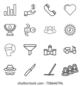 Thin line icon set : graph, investment, phone, heart, trophy, satellite, group, sun power, virtual mask, funnel, castle, scooter shipping, confidential, knife, rake, outsource
