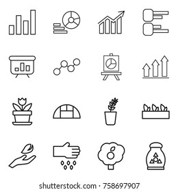 Thin line icon set : graph, diagram, presentation, up, flower, greenhouse, seedling, hand leaf, sow, garden, fertilizer