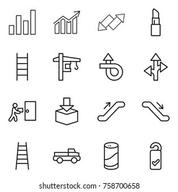 Thin line icon set : graph, diagram, up down arrow, lipstick, stairs, tower crane, trip, route, courier delivery, package, escalator, pickup, cleanser powder, please clean