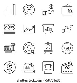Thin line icon set : graph, dollar, investment, wallet, money, statistics, presentation, cashbox, arrow, crypto currency, coin, atm, credit card