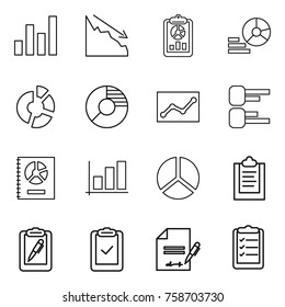 Thin line icon set : graph, crisis, report, diagram, circle, statistics, annual, clipboard, pen, check, inventory, list