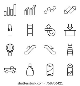 Thin line icon set : graph, diagram, up down arrow, lipstick, stairs, trip, package, air ballon, escalator, pickup, cleanser, powder, please clean