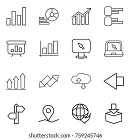 Thin line icon set : graph, diagram, presentation, monitor arrow, notebook, up, down, cloude service, left, signpost, geo pin, delivery, package