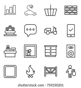 Thin line icon set : graph, electric car, basket, brick wall, flower bed, sms, scooter shipping, mobile checking, reception, in window, chest of drawers, speaker, cutting board, fire, farm fence