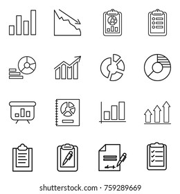 Thin line icon set : graph, crisis, report, clipboard, diagram, circle, presentation, annual, up, pen, inventory, list