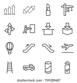 Thin line icon set : graph up, down arrow, lipstick, tower crane, route, courier delivery, package, air ballon, escalator, departure, stairs, pickup, cleanser powder, please clean