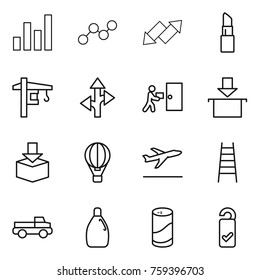 Thin line icon set : graph, up down arrow, lipstick, tower crane, route, courier delivery, package, air ballon, departure, stairs, pickup, cleanser, powder, please clean