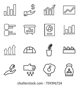 Thin line icon set : graph, investment, diagram, statistics, presentation, annual report, up, greenhouse, seedling, hand leaf, sow, garden, fertilizer