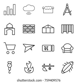 Thin line icon set : graph, cloud wireless, electrostatic, draw compass, minaret, brick wall, greenhouse, bar code, cart, deltaplane, ticket, armchair, handle scales, fire, plow, bug
