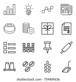 Thin line icon set : graph, bulb, newspaper, smart bracelet, virtual mining, gift, account balance, list, palace, pin, rolling, salt pepper, coffee seeds, spikelets, scoop