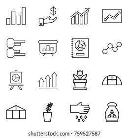 Thin line icon set : graph, investment, diagram, statistics, presentation, annual report, up, flower, greenhouse, seedling, sow, fertilizer