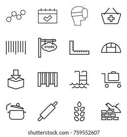 Thin line icon set : graph, calendar, virtual mask, add to basket, bar code, store signboard, ruler, greenhouse, package, pool, baggage trolley, steam pan, rolling pin, spikelets, construct garbage