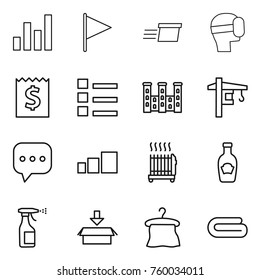 Thin line icon set : graph, flag, delivery, virtual mask, receipt, list, palace, tower crane, sms, sorting, radiator, ketchup, sprayer, package, hanger, towel