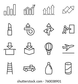 Thin line icon set : graph, diagram, up, down arrow, lipstick, trip, route, courier delivery, package, air ballon, departure, stairs, pickup, cleanser, powder