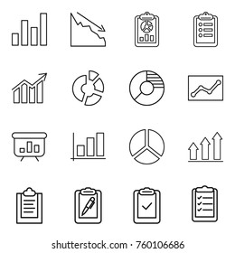 Thin line icon set : graph, crisis, report, clipboard, diagram, circle, statistics, presentation, up, pen, check, list