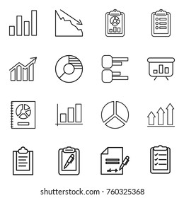 Thin line icon set : graph, crisis, report, clipboard, diagram, circle, presentation, annual, up, pen, inventory, list