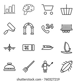 Thin line icon set : graph, brain, cart, basket, repair, arch, phone 24, truck shipping, plane, ticket, yacht, windsurfing, service bell, fork, woman with duster, bug