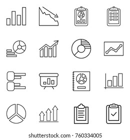 Thin line icon set : graph, crisis, report, clipboard, diagram, circle, statistics, presentation, annual, up, check