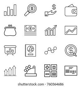 Thin line icon set : graph, dollar magnifier, investment, wallet, purse, money, diagram, statistics, presentation, annual report, arrow, up, cashbox, calculator, invoice