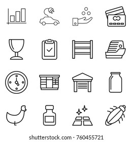 Thin line icon set : graph, electric car, chemical industry, credit card, wineglass, clipboard check, rack, cruise ship, watch, wardrobe, garage, bank, chicken, pills bottle, clean floor, bug