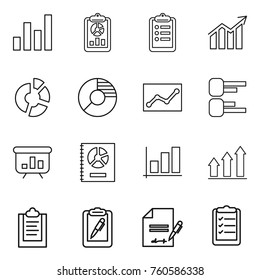 Thin line icon set : graph, report, clipboard, diagram, circle, statistics, presentation, annual, up, pen, inventory, list