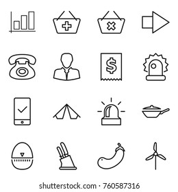 Thin line icon set : graph, add to basket, delete cart, right arrow, phone, client, tax, alarm, mobile checking, tent, pan, egg timer, knife holder, eggplant, windmill