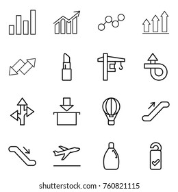 Thin line icon set : graph, diagram, up, down arrow, lipstick, tower crane, trip, route, package, air ballon, escalator, departure, cleanser, please clean