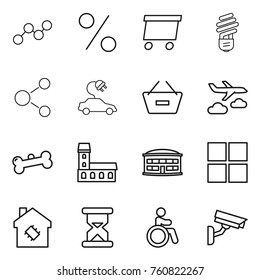 Thin line icon set : graph, percent, delivery, bulb, molecule, electric car, remove from basket, journey, bone, mansion, airport building, window, smart house, sand clock, invalid