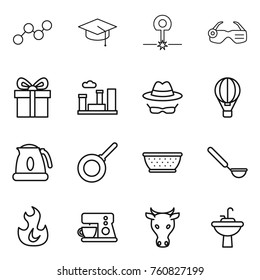 Thin line icon set : graph, graduate hat, laser, smart glasses, gift, city, confidential, air ballon, kettle, pan, colander, ladle, fire, coffee maker, cow, water tap sink