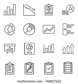 Thin line icon set : graph, crisis, report, diagram, circle, statistics, presentation, annual, up, clipboard, pen, check, list