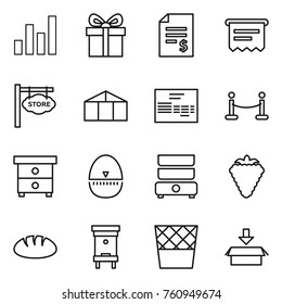 Thin line icon set : graph, gift, account balance, atm receipt, store signboard, greenhouse, invoice, vip fence, nightstand, egg timer, double boiler, berry, bread, hive, trash bin, package