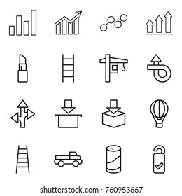 Thin line icon set : graph, diagram, up, lipstick, stairs, tower crane, trip, route, package, air ballon, pickup, cleanser powder, please clean