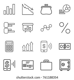 Thin line icon set : graph, crisis, purse, diagram, presentation, percent, calculator, up, phone pay, money, mobile, invoice, suitcase, safe