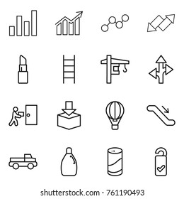 Thin line icon set : graph, diagram, up down arrow, lipstick, stairs, tower crane, route, courier delivery, package, air ballon, escalator, pickup, cleanser, powder, please clean