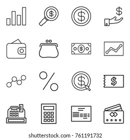 Thin line icon set : graph, dollar magnifier, investment, wallet, purse, money, statistics, percent, arrow, receipt, cashbox, calculator, invoice, credit card
