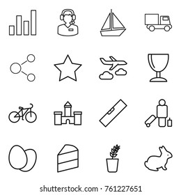 Thin line icon set : graph, call center, boat, truck, molecule, star, journey, wineglass, bike, castle, level, passenger, eggs, cake, seedling, rabbit