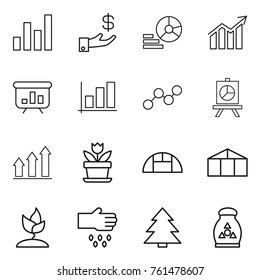 Thin line icon set : graph, investment, diagram, presentation, up, flower, greenhouse, sprouting, sow, spruce, fertilizer