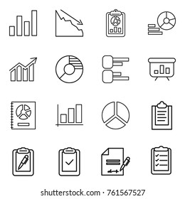 Thin line icon set : graph, crisis, report, diagram, circle, presentation, annual, clipboard, pen, check, inventory, list