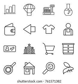Thin line icon set : graph, parachute, cashbox, round flask, wallet, left arrow, t shirt, workman, check in, hotel, cart, chest of drawers, pan, house, viruses, wasp