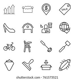 Thin line icon set : graph up, electrostatic, dollar pin, sale label, shoes, barn, architector, delivery, bike, Chair for babies, whisk, meat hammer, berry, scraper, package, bug