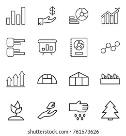 Thin line icon set : graph, investment, diagram, presentation, annual report, up, greenhouse, seedling, sprouting, hand leaf, sow, spruce