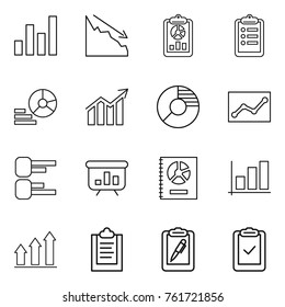 Thin line icon set : graph, crisis, report, clipboard, diagram, circle, statistics, presentation, annual, up, pen, check