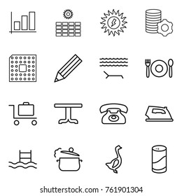Thin line icon set : graph, sun power, virtual mining, cpu, pencil, lounger, cafe, baggage trolley, table, phone, iron, pool, steam pan, goose, cleanser powder