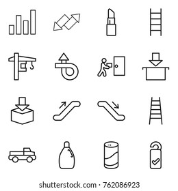 Thin line icon set : graph, up down arrow, lipstick, stairs, tower crane, trip, courier delivery, package, escalator, pickup, cleanser, powder, please clean