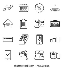 Thin line icon set : graph, calendar, percent, target, wireless home, clipboard, journey, airport building, bunker, brick, mobile location, sorting, checking, mixer, coffee maker, toilet paper