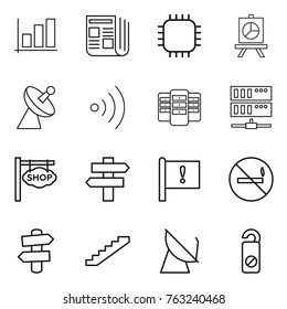Thin line icon set : graph, newspaper, chip, presentation, satellite antenna, wireless, server, shop signboard, singlepost, important flag, no smoking, signpost, stairs, do not distrub