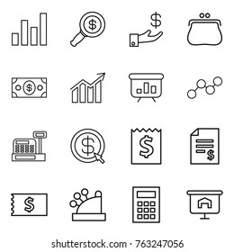 Thin line icon set : graph, dollar magnifier, investment, purse, money, diagram, presentation, cashbox, arrow, receipt, account balance, calculator